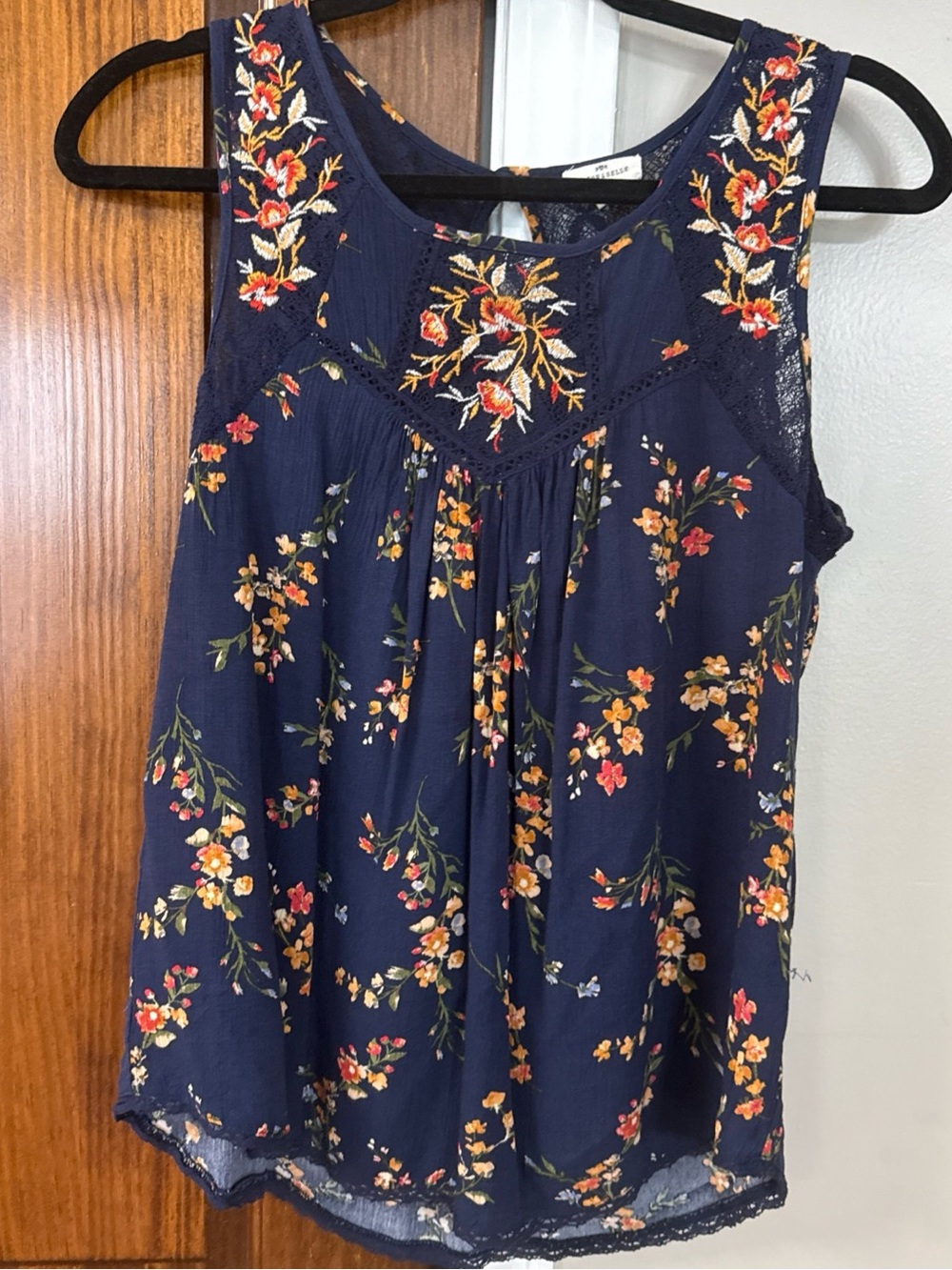 Sleeveless Navy Floral Embroidered Tank Top - Women's Blouse
